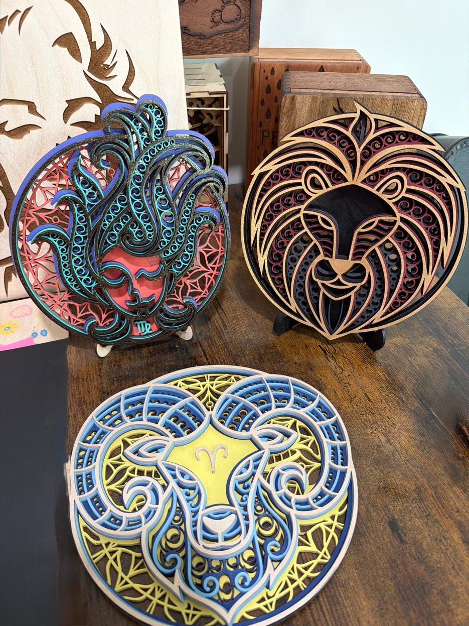 Multi-layer laser-cut zodiac wall art in painted wood