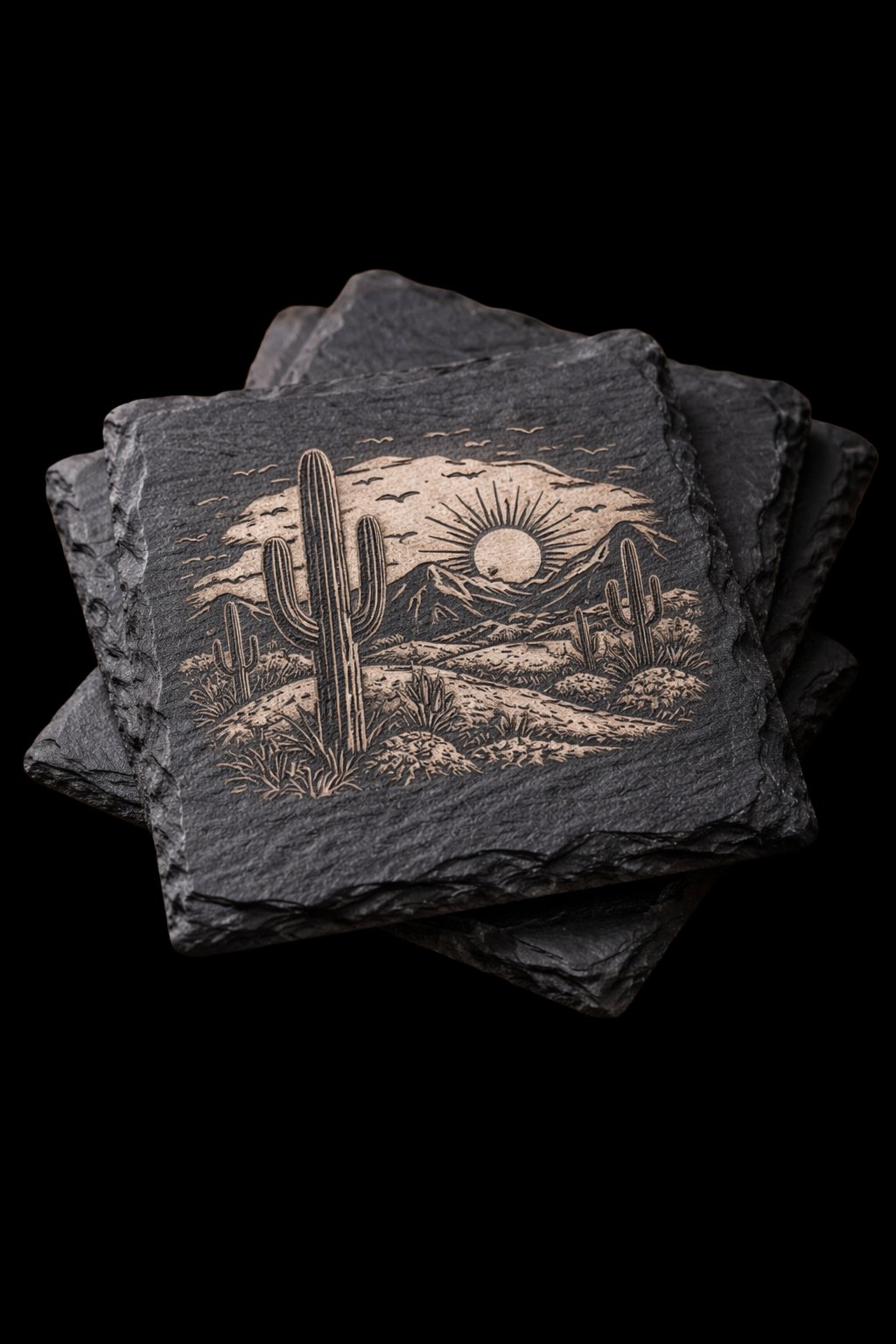 Engraved black slate coaster set