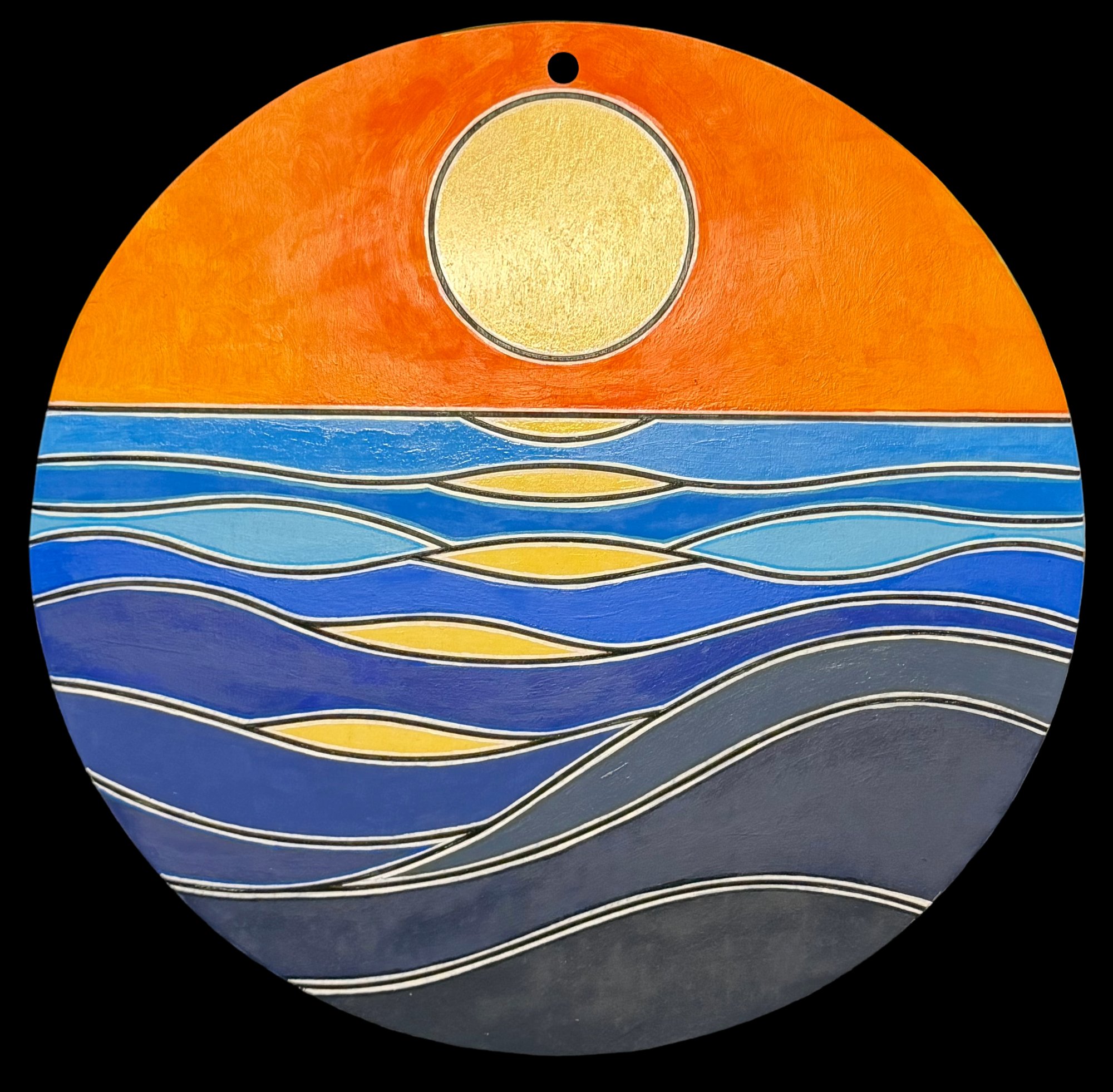 Layered sunset ocean round wall piece
