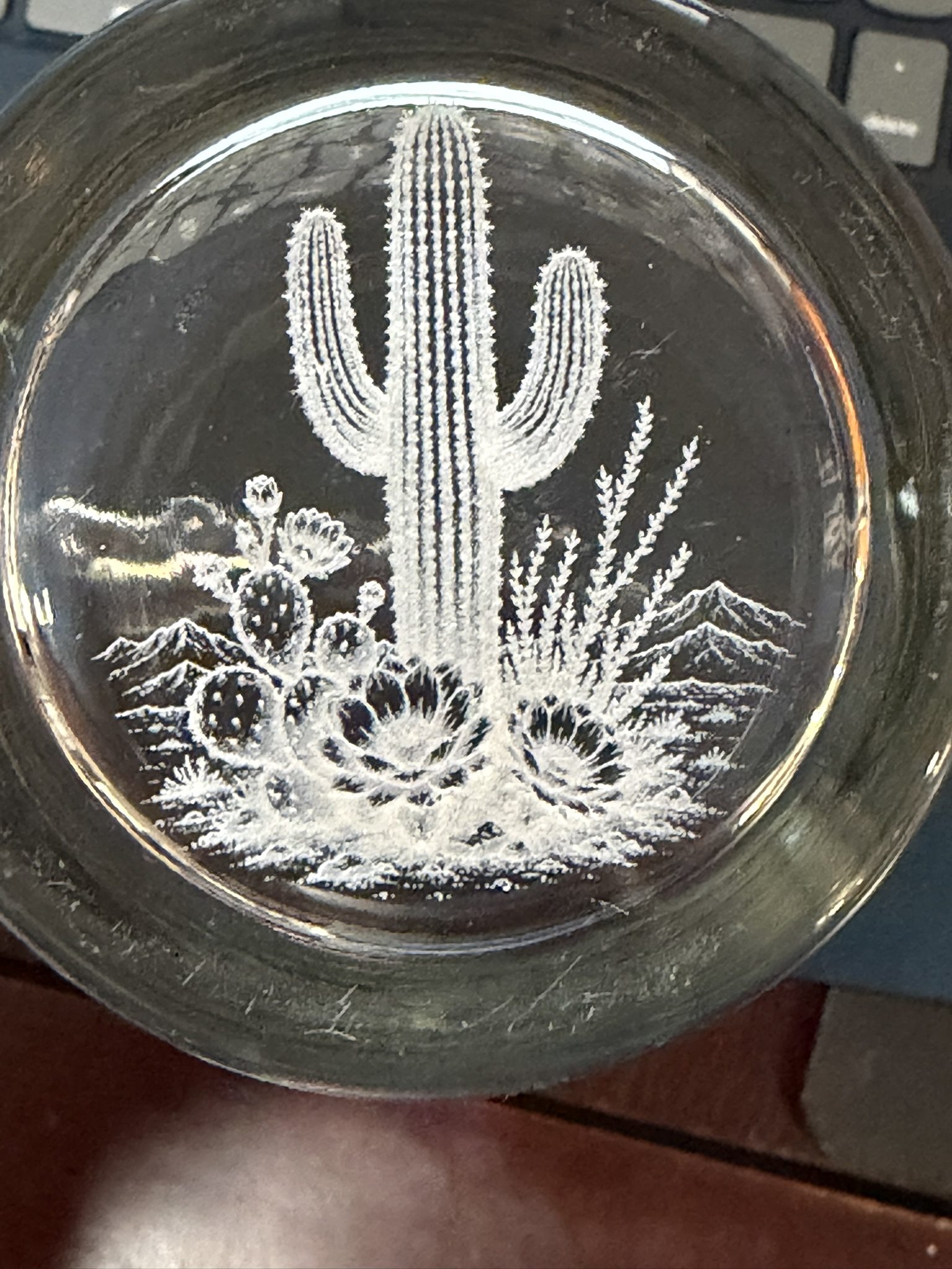 Etched cactus tumbler on a desk